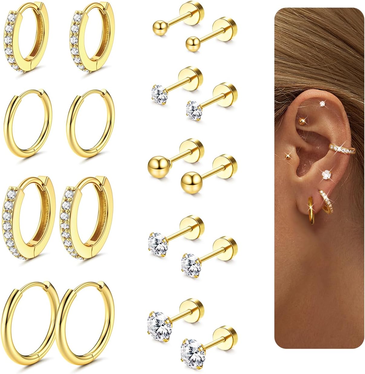 Detalle de LOLIS 9-Paar Ohrringe Set – hypoallergen, 316L Chirurgenstahl, 14K Goldbeschichtung