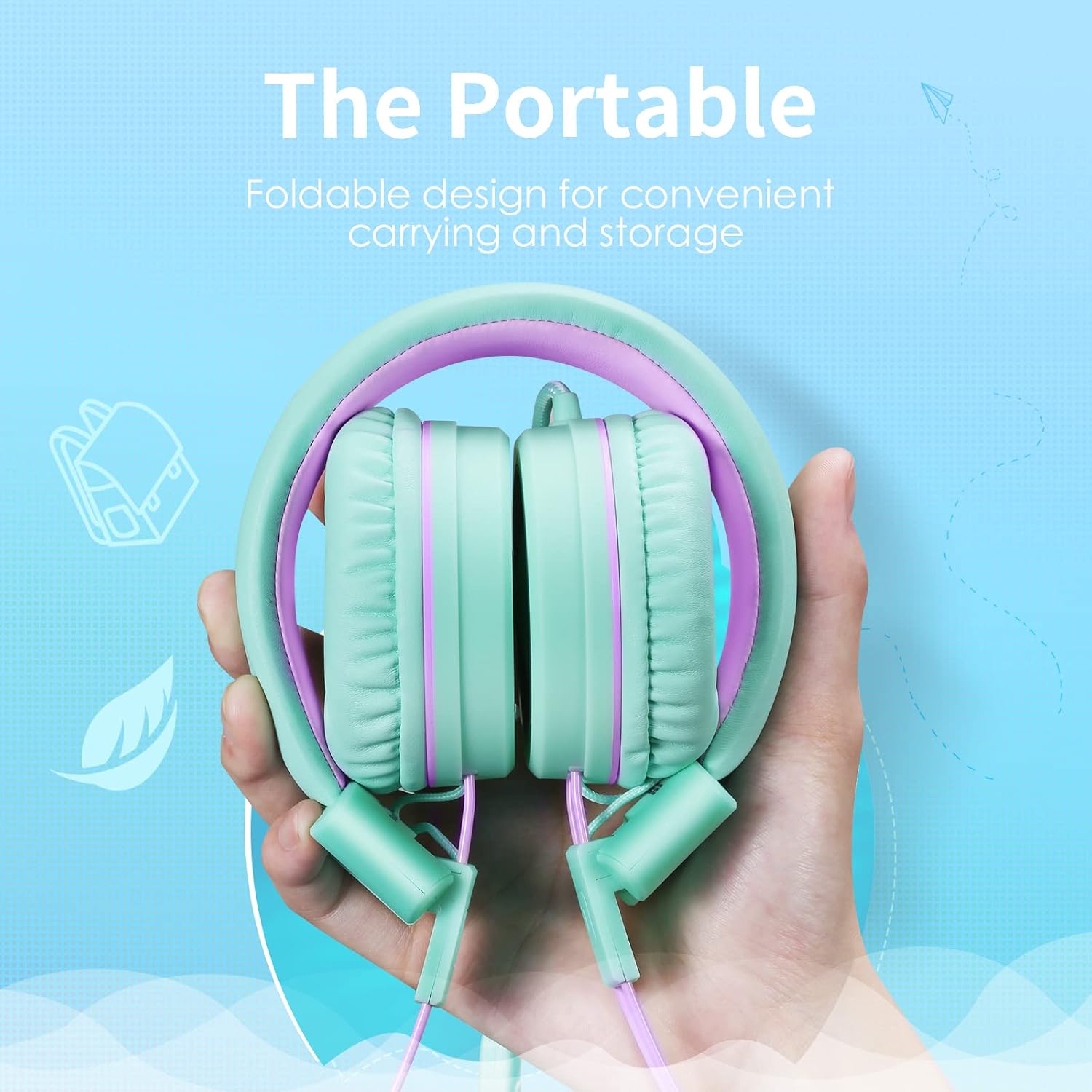 Detalle 2 de POWMEE P10 Kids Headphones with Microphone — Adjustable, Foldable On-Ear Stereo for School, PC, and Phone (Green)
