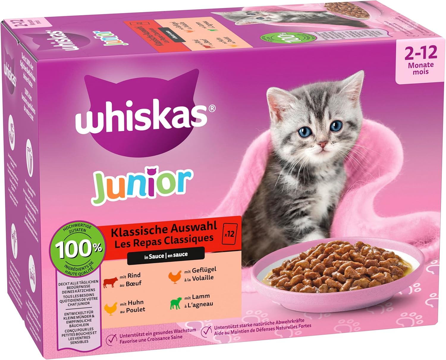Detalle de Whiskas Junior Katzennassfutter Klassische Auswahl in Sauce – 48 Portionsbeutel (12x85 g) für Kätzchen 2–12 Monate