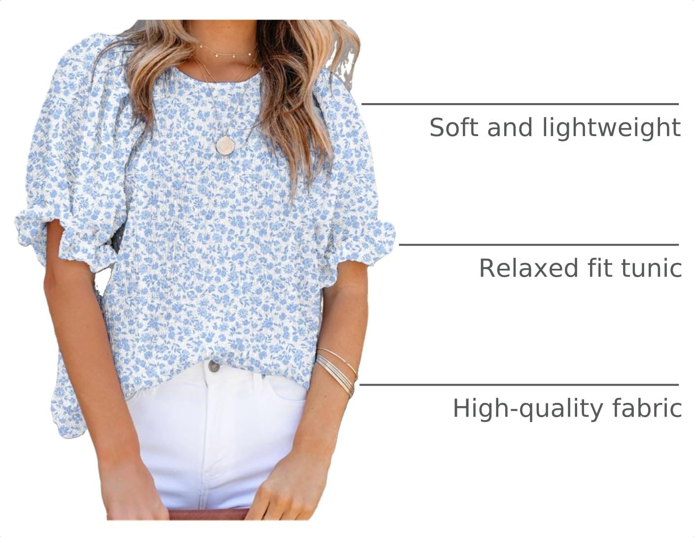 Detalle 2 de Dokotoo Floral Print Blouses for Women – Crewneck Smocked Puff Sleeve Babydoll Top