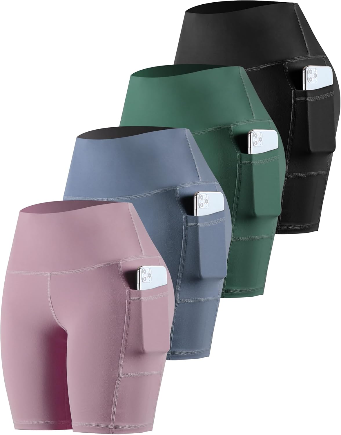 Thumbnail 6 de CHRLEISURE Womens Biker Yoga Shorts with Pockets: High Waist Tummy Control 4-Pack