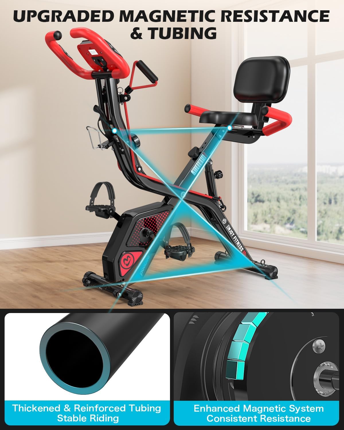Detalle 2 de pooboo X-819 Folding Magnetic Exercise Bike, 8 Resistance Levels