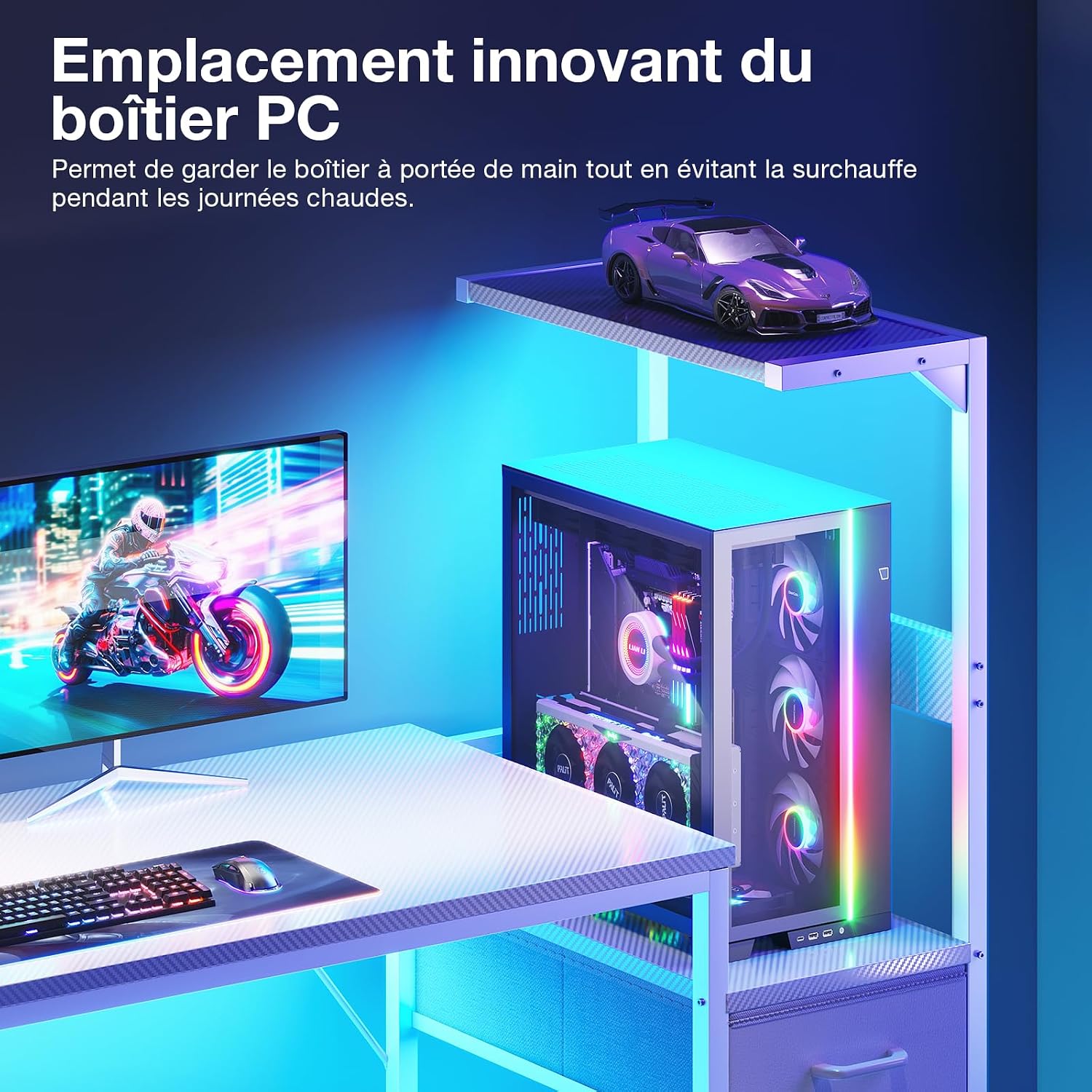 Detalle 1 de Coleshome gamingbord 120 × 48 cm med RGB-belysning och vändbar hylla