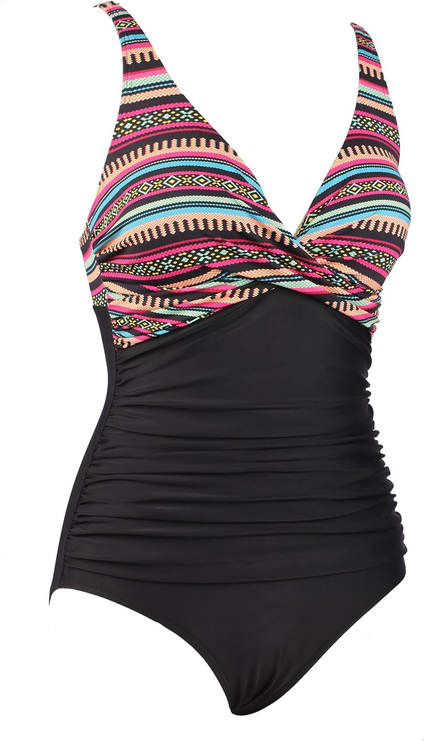 Detalle 2 de LA ORCHID Damen Badeanzug „Bauchweg“ mit Push-up, V-Ausschnitt und hoher Taille (einteilig)