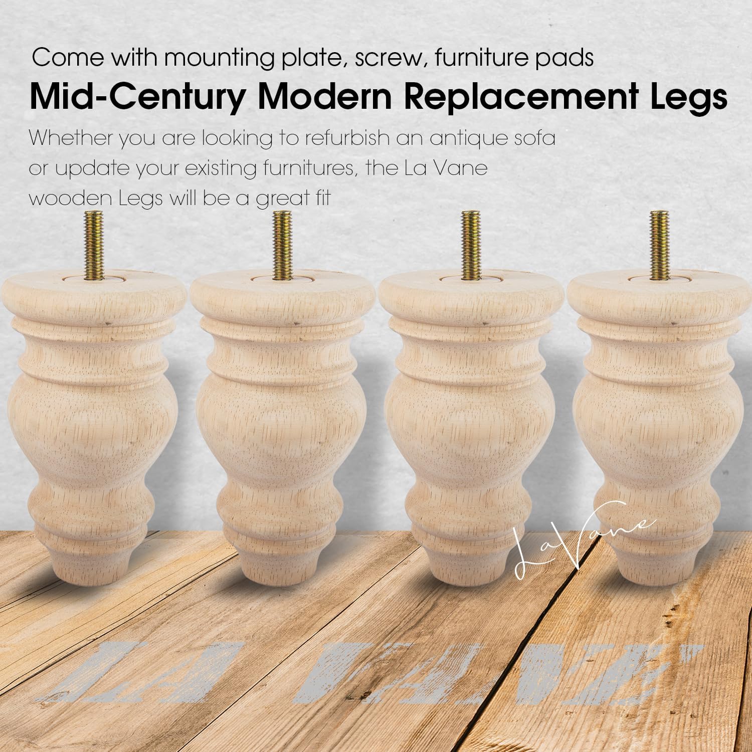 Thumbnail 1 de La Vane 5 Inch Unfinished Solid Wood Furniture Legs (12cm) – 4pcs Spindle Spool Feet with Pre-Drilled M8 Bolt & Mounting Plate