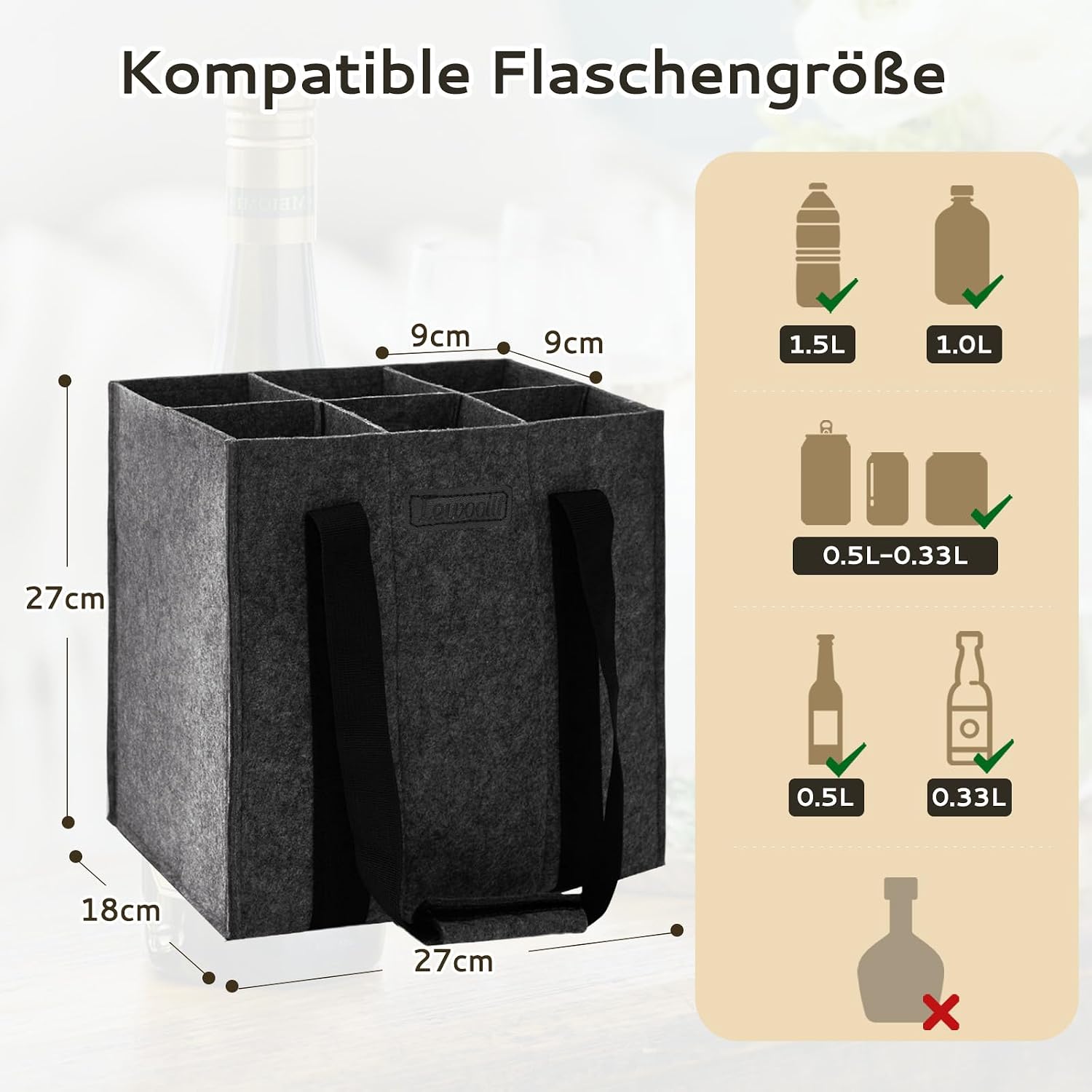 Thumbnail 3 de Lewooilt 2er-Set Filz-Flaschentaschen für 6 Flaschen mit 6 Fächern