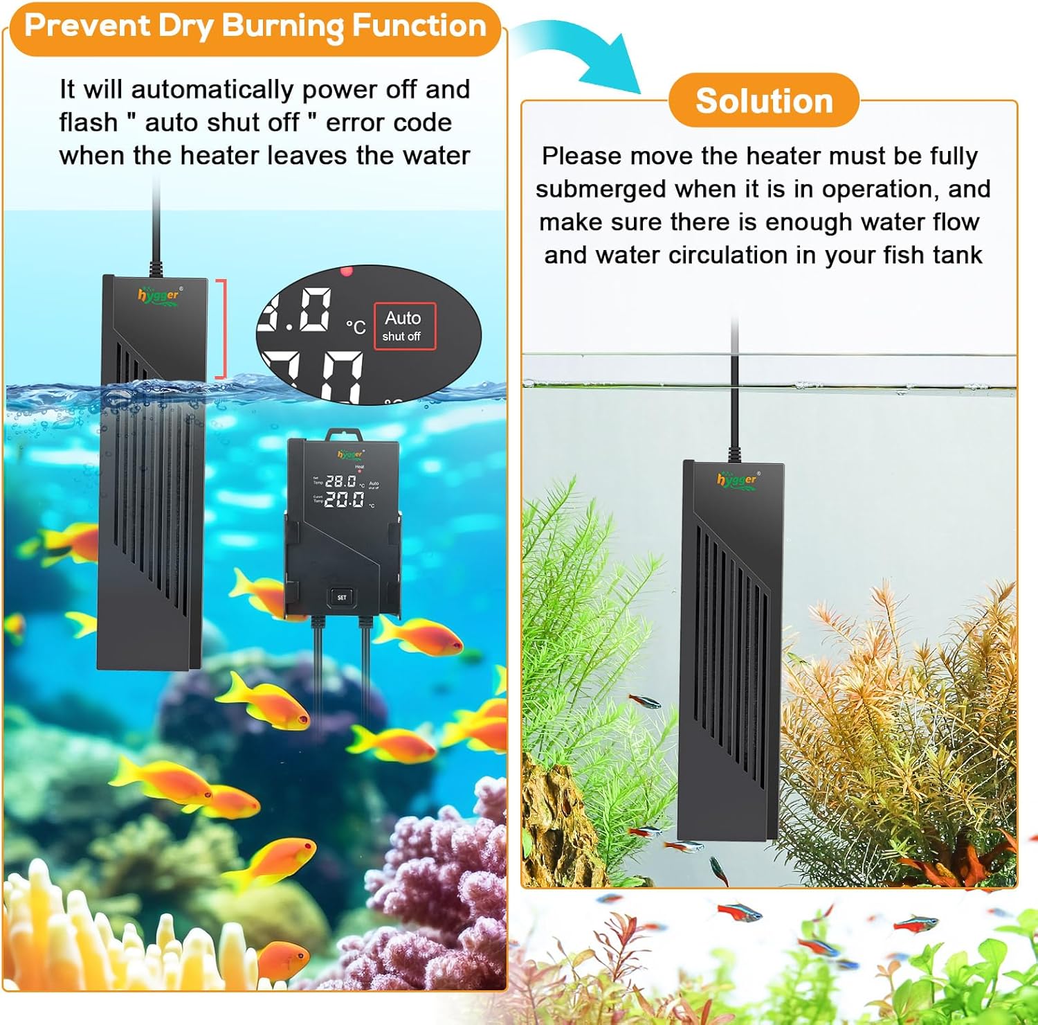 Thumbnail 4 de hygger Submersible Aquarium Heater 300W with Digital Display – for 152–302L Freshwater Tanks