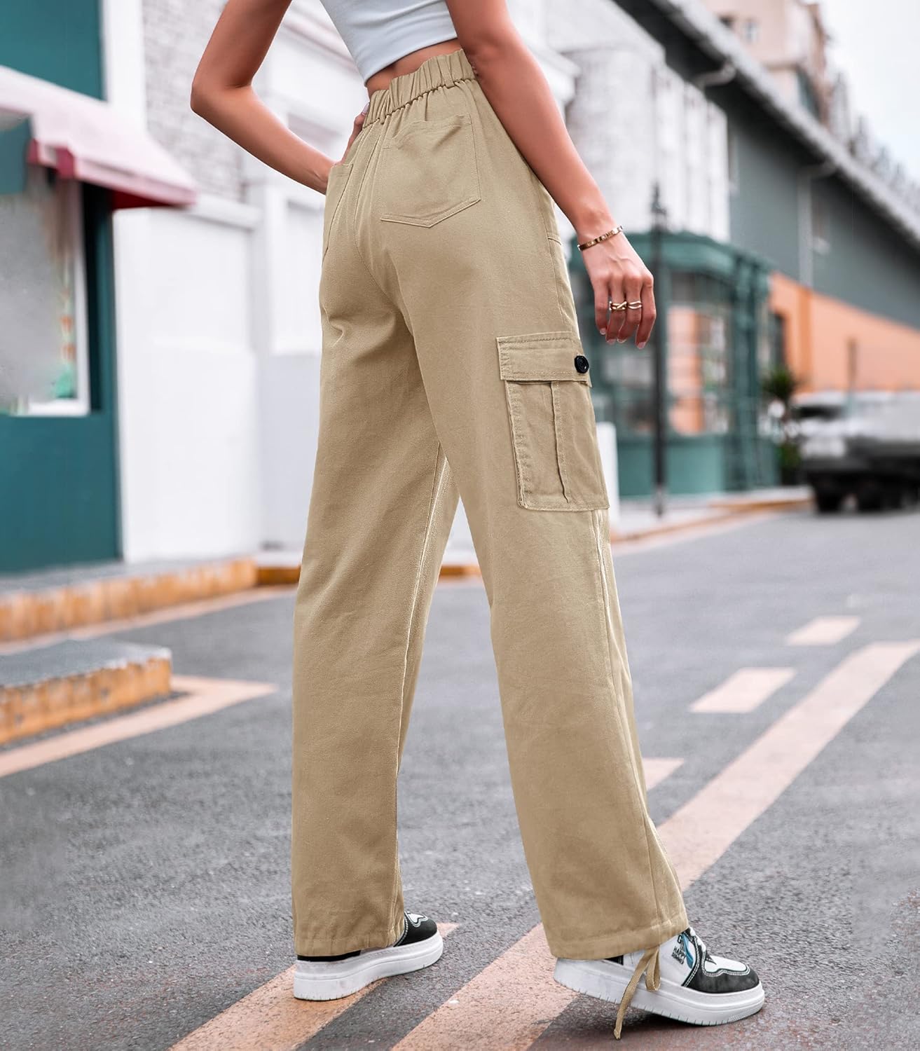 Detalle de Dordanity Y2K Cargohose für Damen mit 6 Taschen – High Waist Baggy Wanderhose aus Baumwollmischgewebe