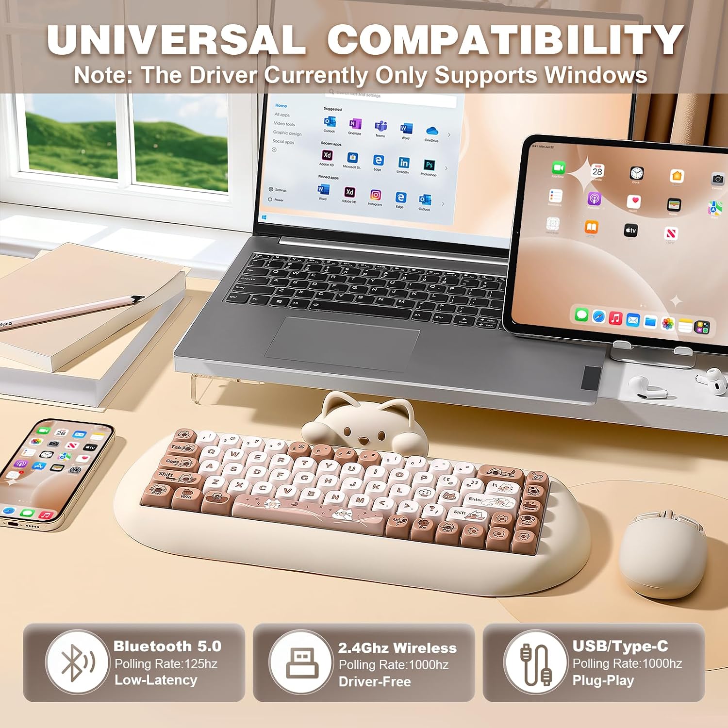 Detalle de YUNZII C68 Wireless Mechanical Keyboard — 65% Layout, Cat Silicone Design, Brown Milk Switch