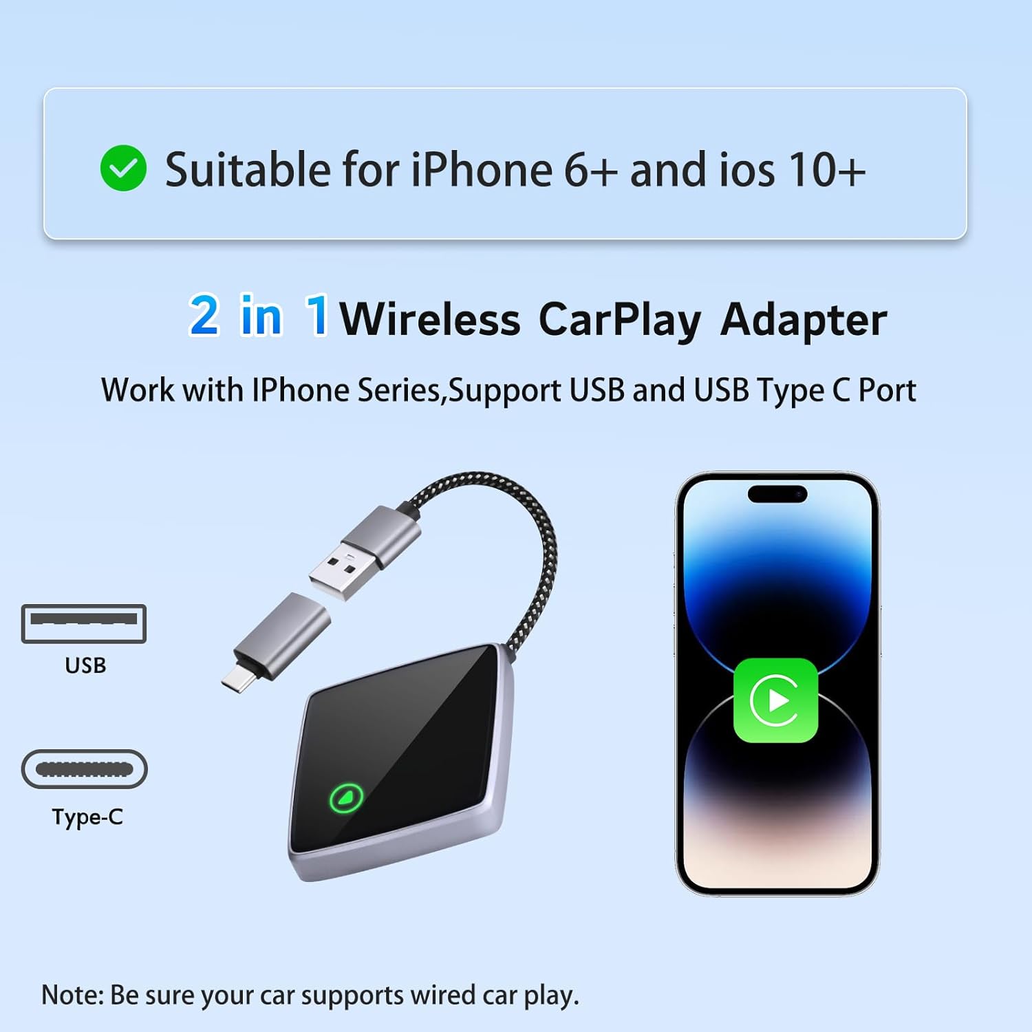 Detalle de Wireless CarPlay Adapter für iPhone – Mini CarPlay Adapter von Wired, USB-C/USB-A Plug & Play, stabile kabellose Verbindung