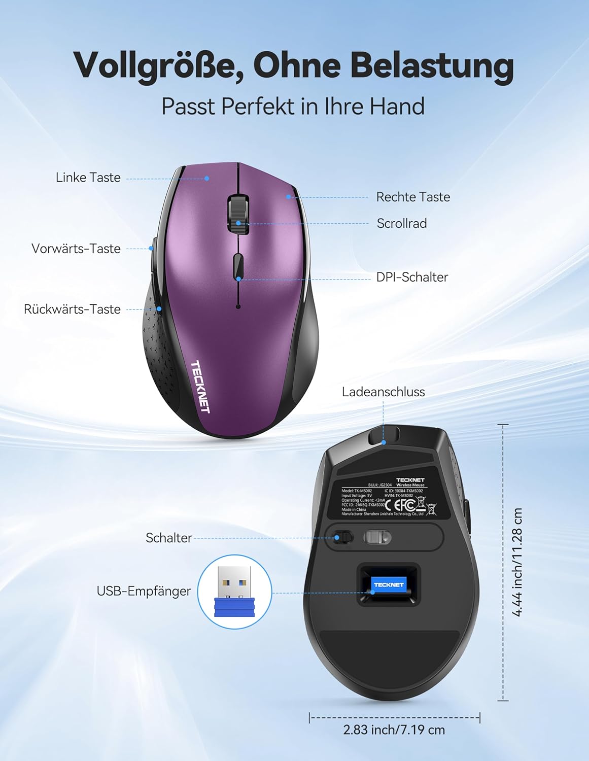Thumbnail 6 de TECKNET PRO Kabellose Maus – Wiederaufladbar, Silent Click, 6400 DPI, Ergonomisch, 2,4 GHz