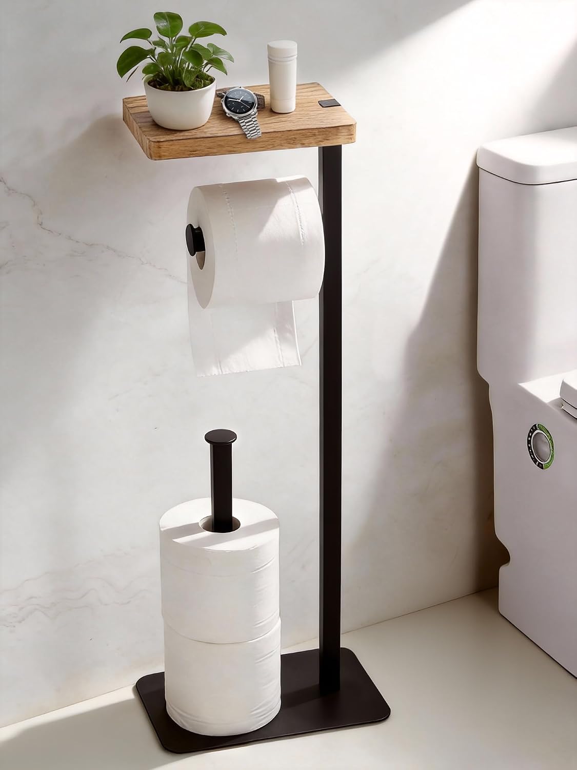 Detalle de ZUNTO Freestanding Toilet Roll Holder with Shelf – Matte Black, No Drilling, Holds 3 Rolls