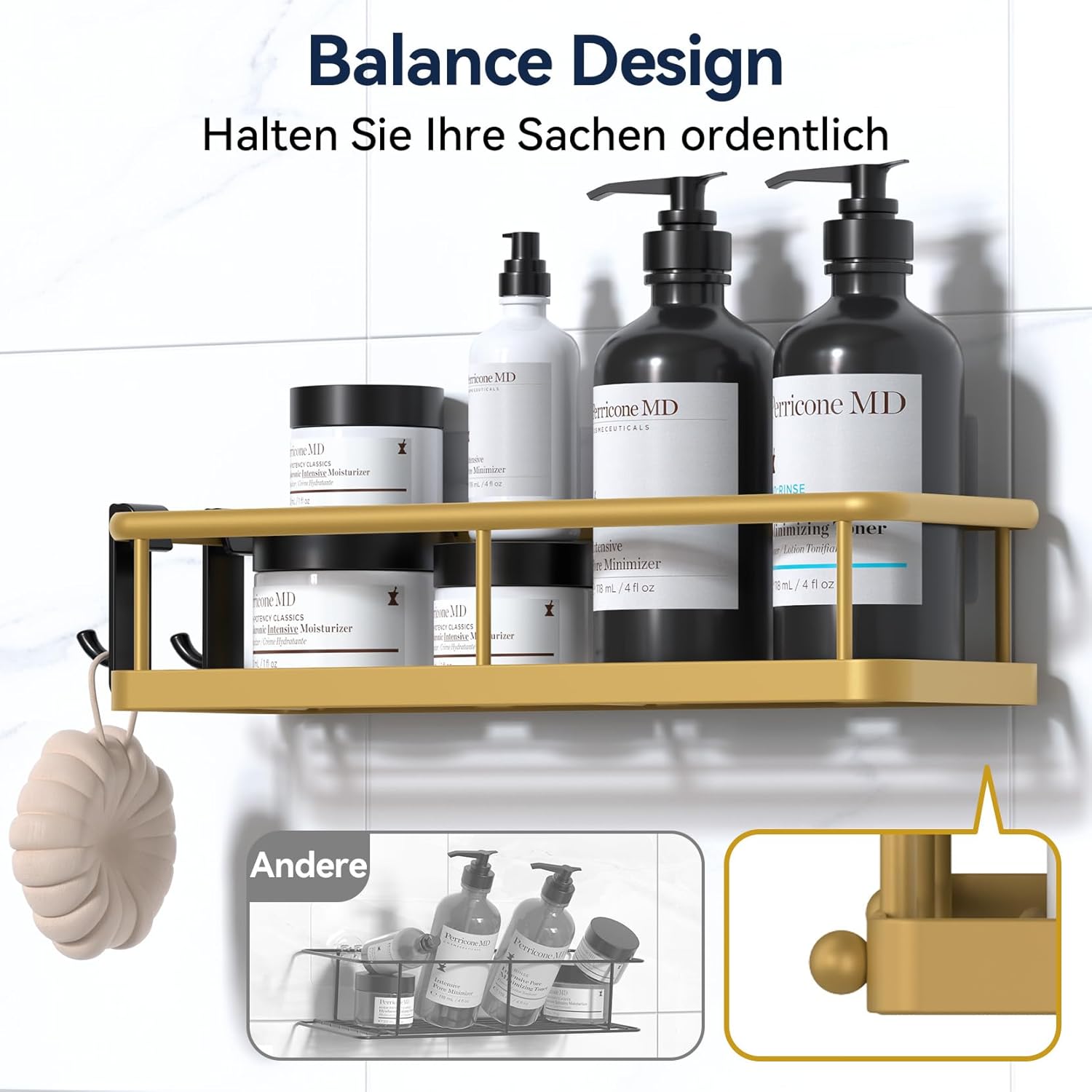 Thumbnail 6 de YASONIC Duschablage Ohne Bohren – 2 Stück Rostfreies Duschregal mit 2 Haken, Große Kapazität, Large Gold