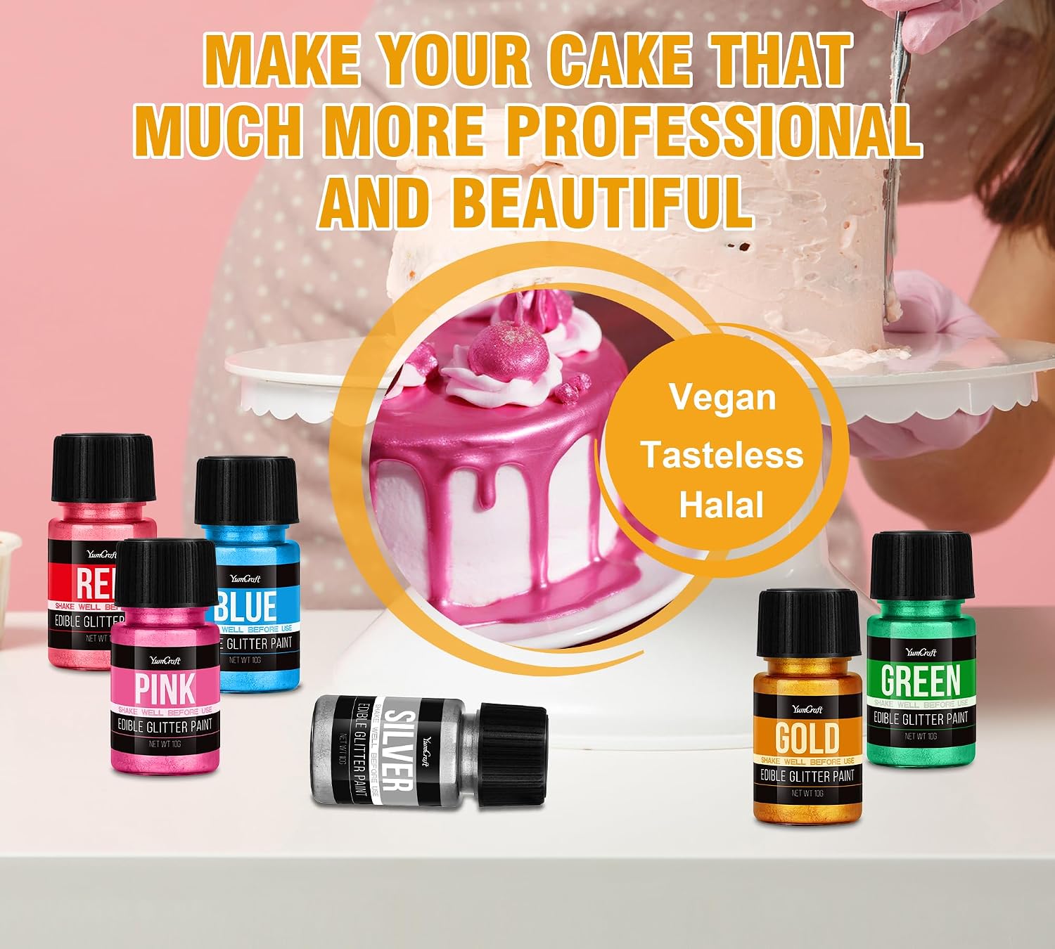 Detalle 2 de Flüssig essbarer Glitzer Set 6 Farben Metallisch – Metallic Glitzer für Kuchen und Backwaren