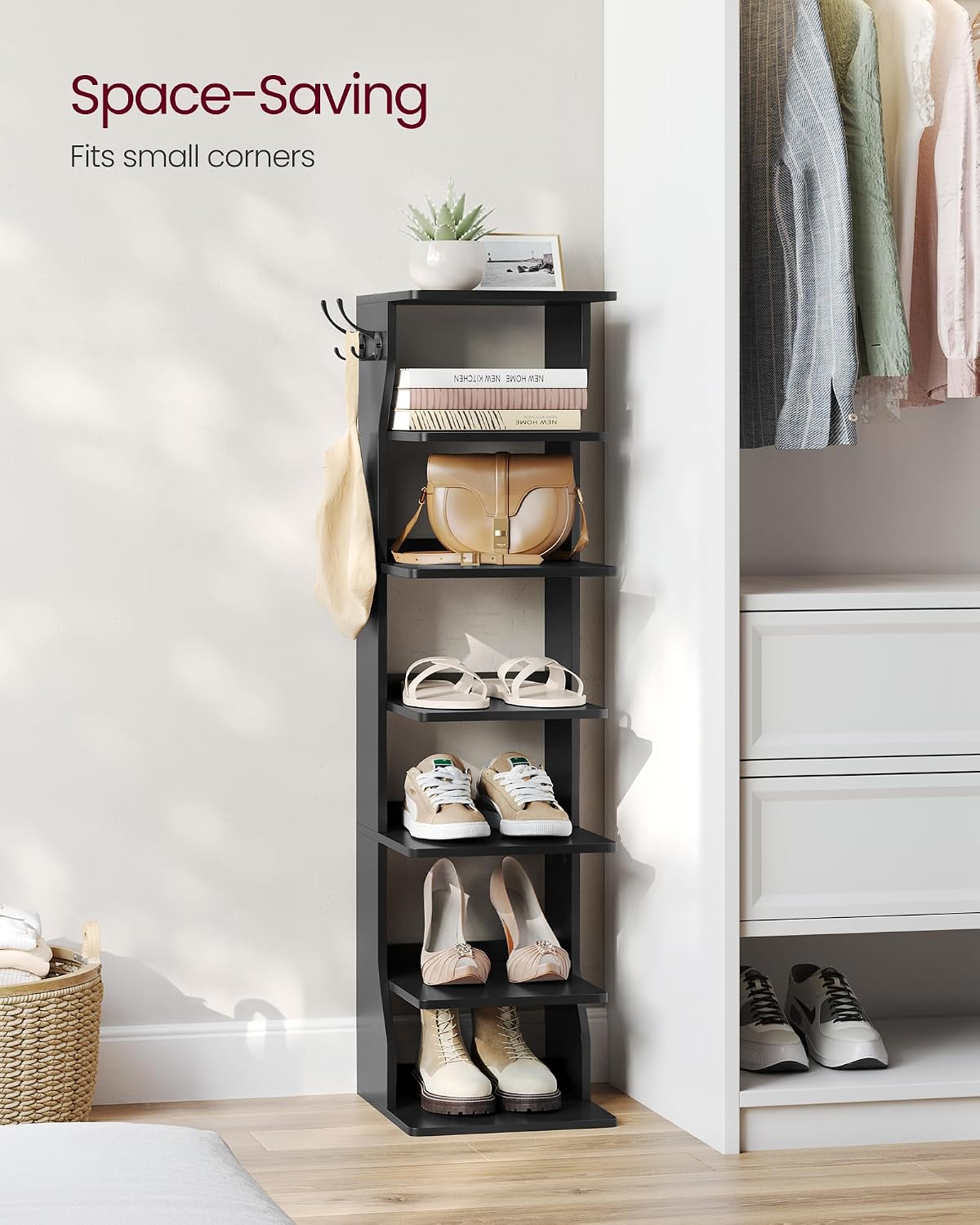 Detalle de VASAGLE LBS200T16 Slim Shoe Rack, Black Engineered Wood Stand with Hooks