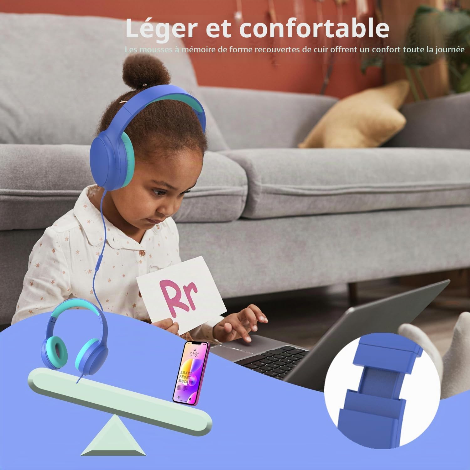 Detalle de Usoun BH-DR07 bedrade kinderhoofdtelefoon met microfoon, 85/94 dBA en 3,5mm-aansluiting