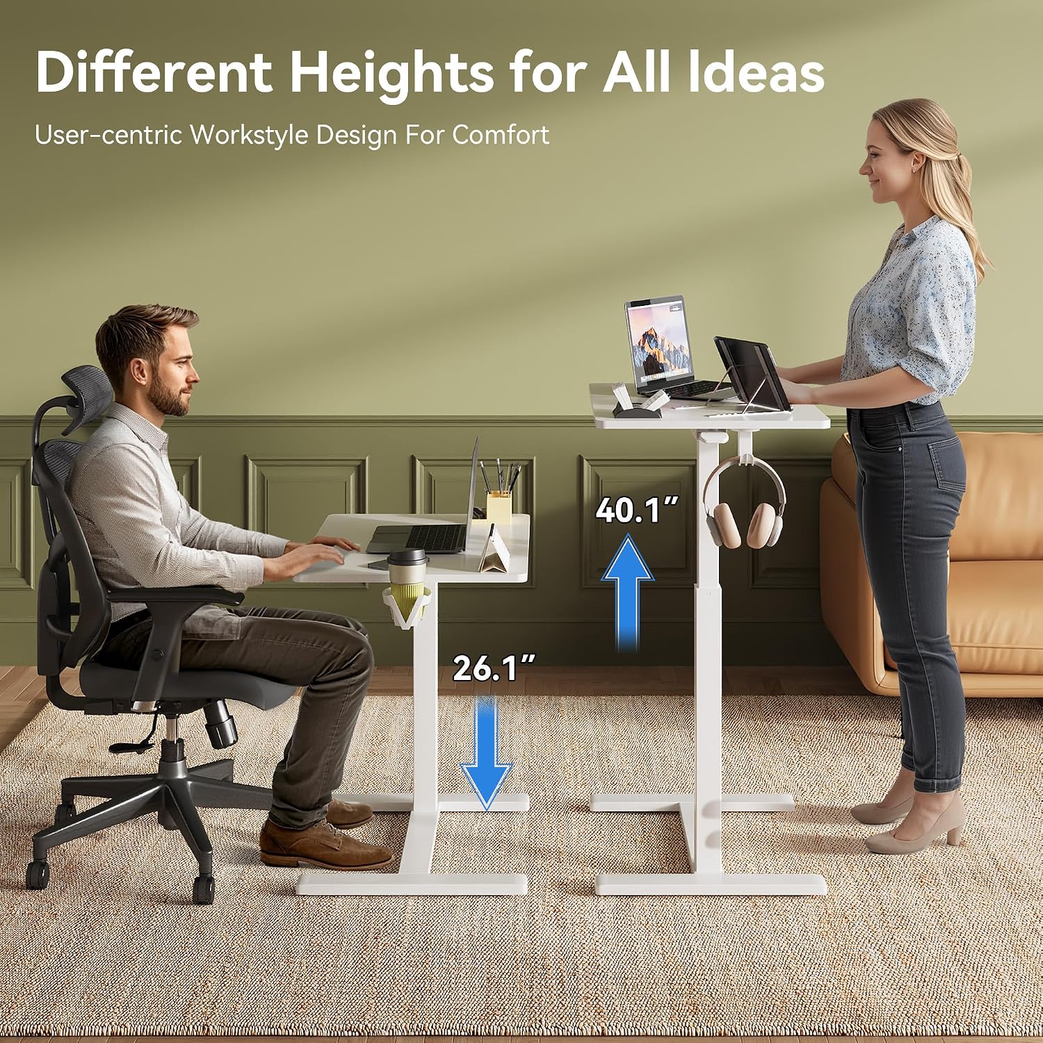 Thumbnail 2 de Gamork Mobile Standing Desk Pneumatic Adjustable Height Stand Up Desk (26.1–40.1 in) – White, 48 × 65 cm