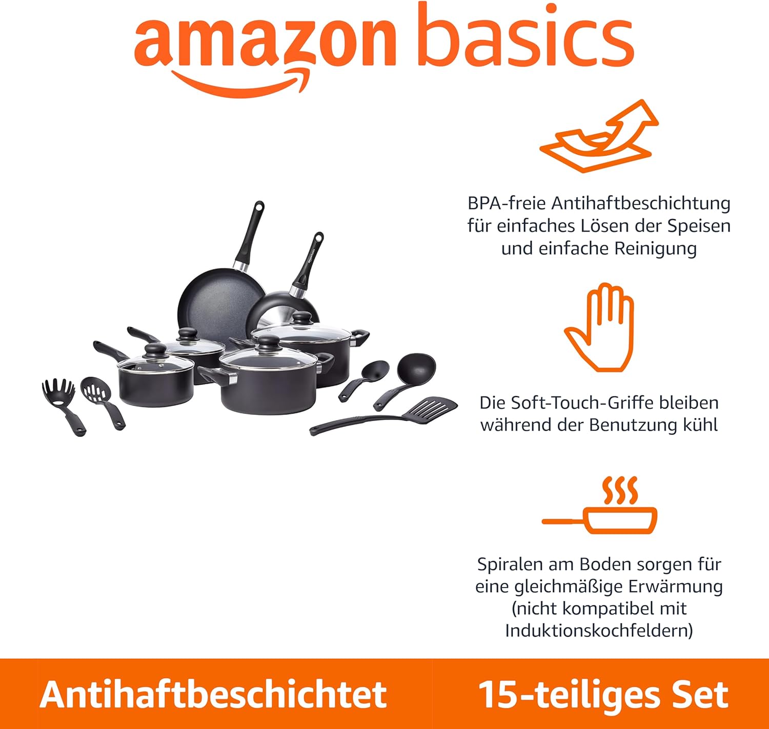 Detalle 2 de Amazon Basics Keramik Antihaft-Kochgeschirr 15-teiliges Set (schwarz) – Töpfe, Pfannen & Küchenhelfer