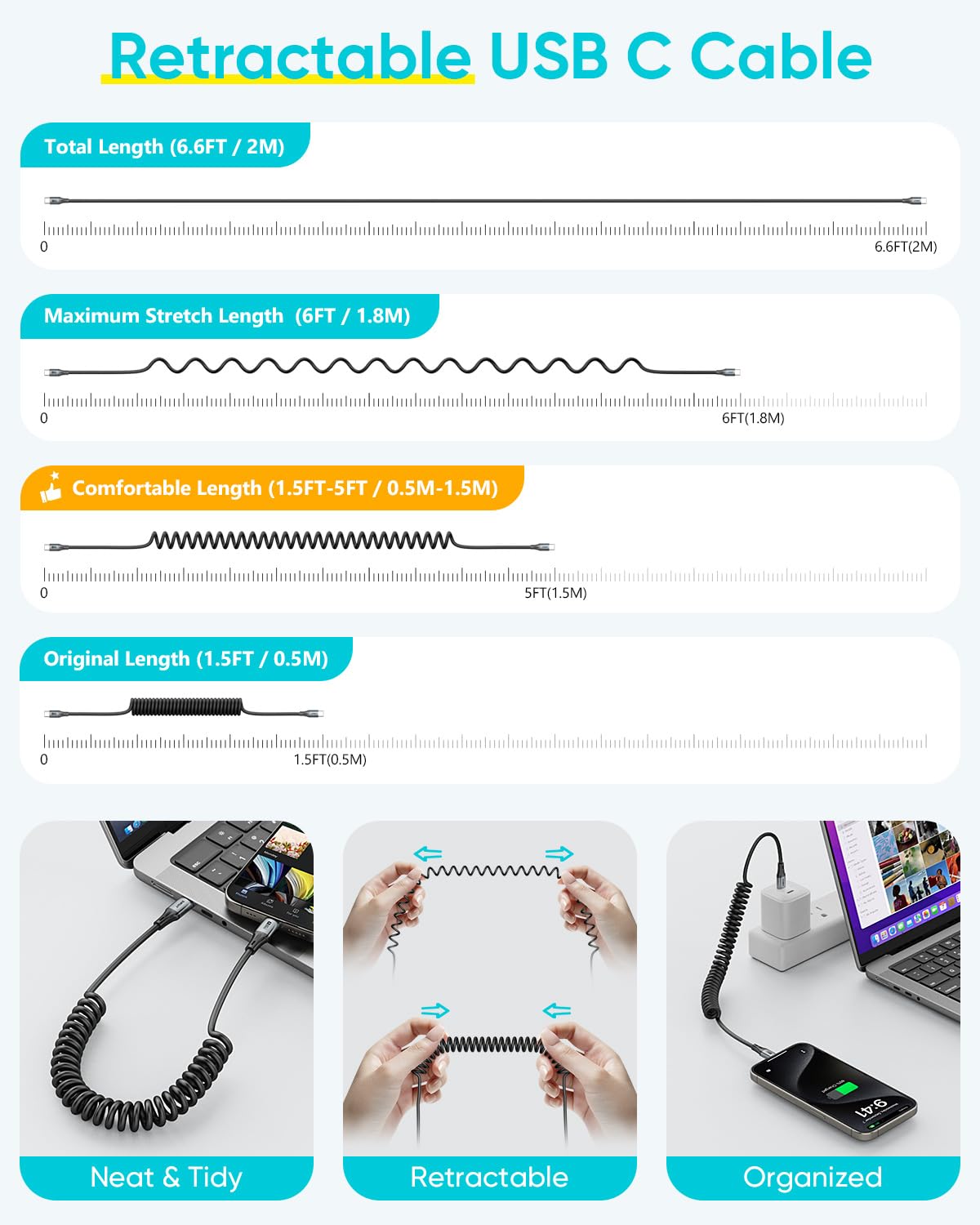 Thumbnail 1 de SUNGUY USB‑C Spiralkabel (USB‑C auf USB‑C), 2 m – bis 60 W Schnellladen & 480 Mbit/s für Auto, iPhone, Android & mehr