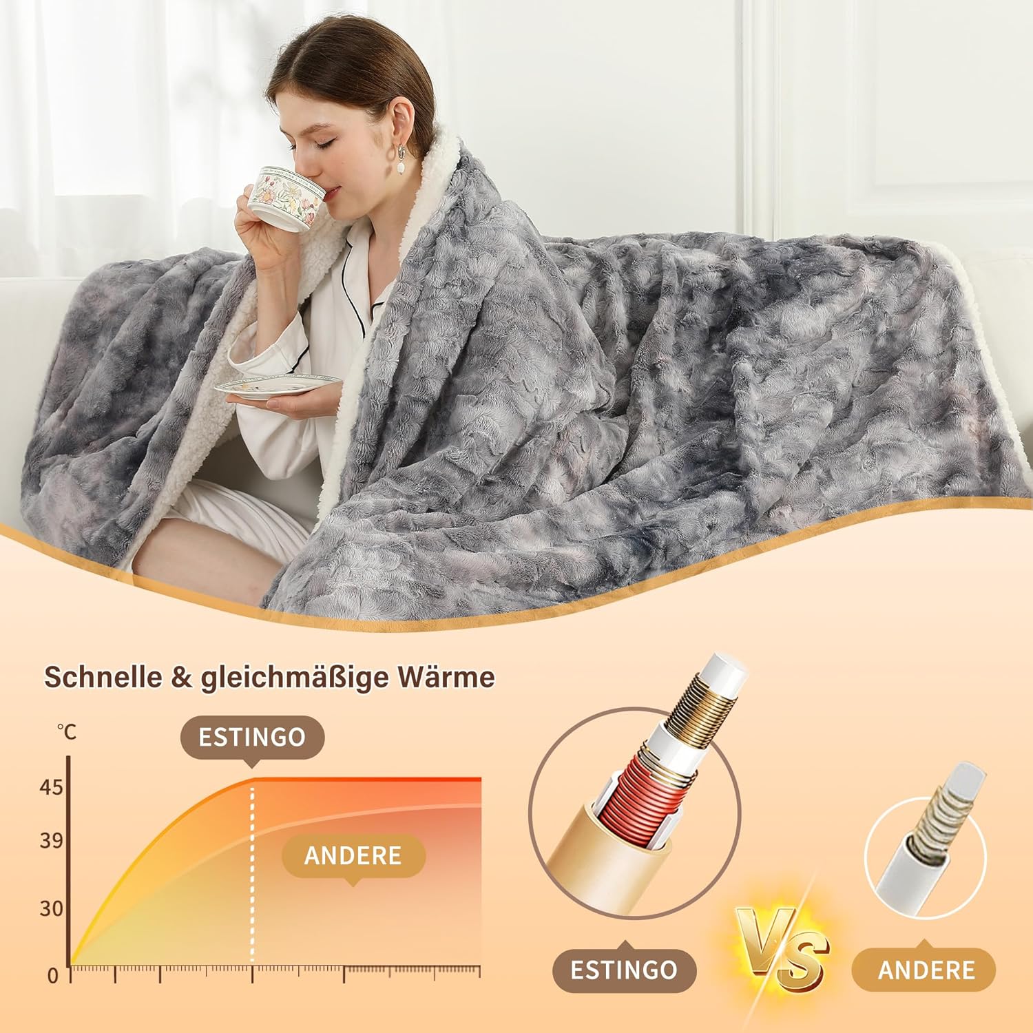 Thumbnail 3 de ESTINGO Plaid chauffant 180x130 cm double face gris-noir : 6 niveaux, minuterie 10 h et arrêt automatique