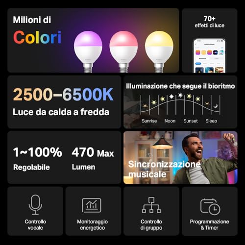 Detalle 2 de Tapo L430P Lampadina Smart P45 Multicolore 2500-6500K: controllo vocale, colori e automazioni