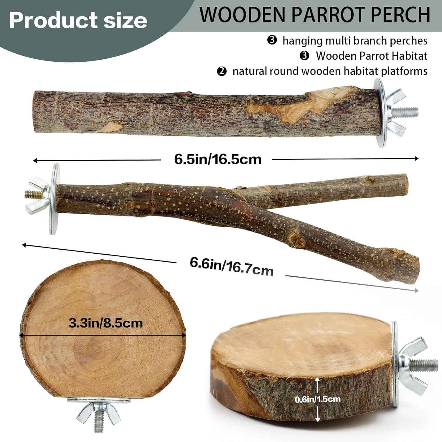 Thumbnail 1 de PERSENTU 8-Piece Natural Wooden Bird Cage Perches Set for Budgies, Cockatiels & Small Birds