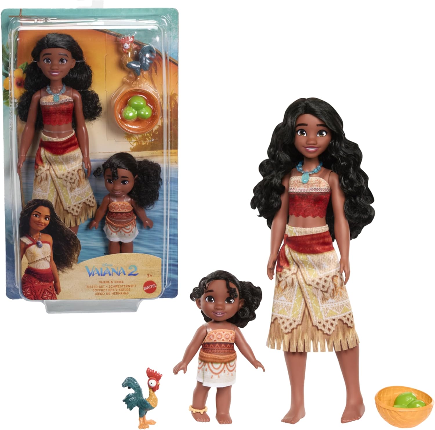 Detalle de Mattel Disney Vaiana 2 Schwesternset – Vaiana & Simea mit Heihei, Korb & Kokosnüssen