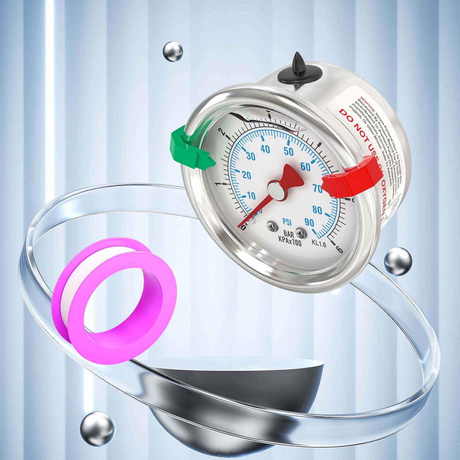 Thumbnail 6 de ERGAOBOY 0–6 Bar / 0–90 psi Liquid-Filled Stainless Steel Pressure Gauge (1/8" BSP, 1.5" dial)