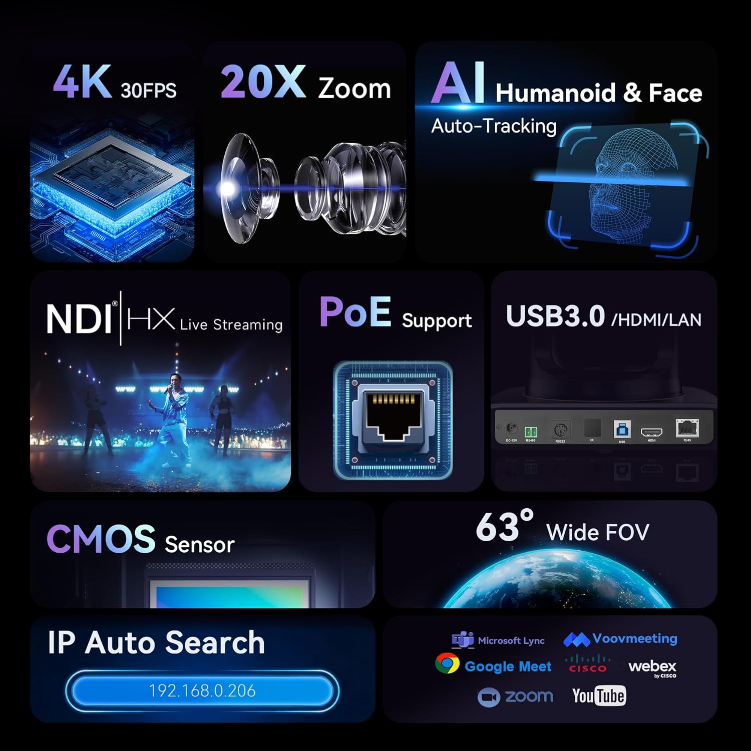 Thumbnail 1 de Tenveo 4K NDI PTZ Camera with AI Humanoid & Face Auto-Tracking (20X Optical Zoom)