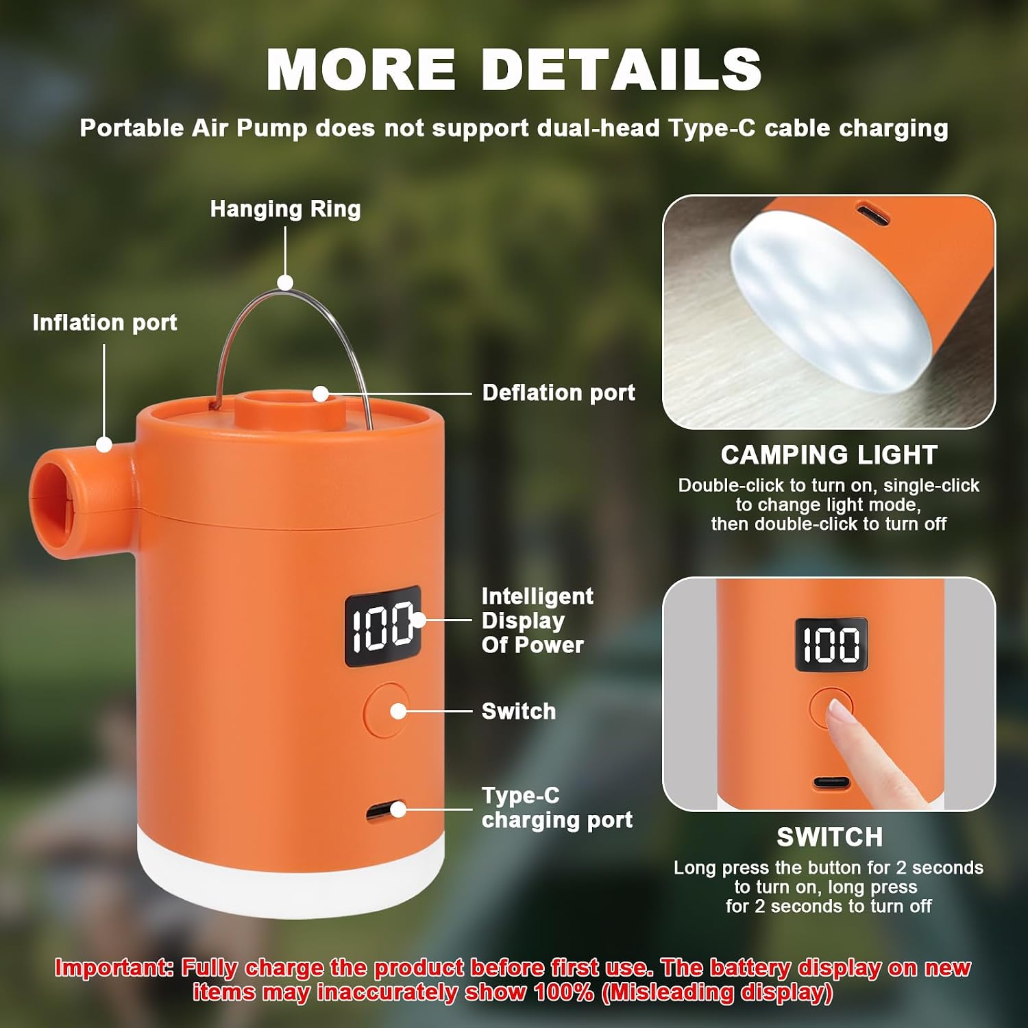 Detalle de Portable Air Pump for Inflatables: Type-C Rechargeable, Ultra-Compact with 5 Nozzles