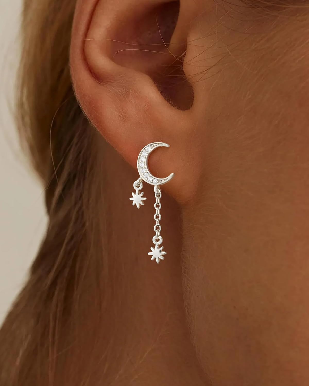 Detalle 2 de HANLI Silver Drop Earrings for Women – 14K Gold Plated Hypoallergenic Cubic Zirconia Moon & Star Statement Earrings