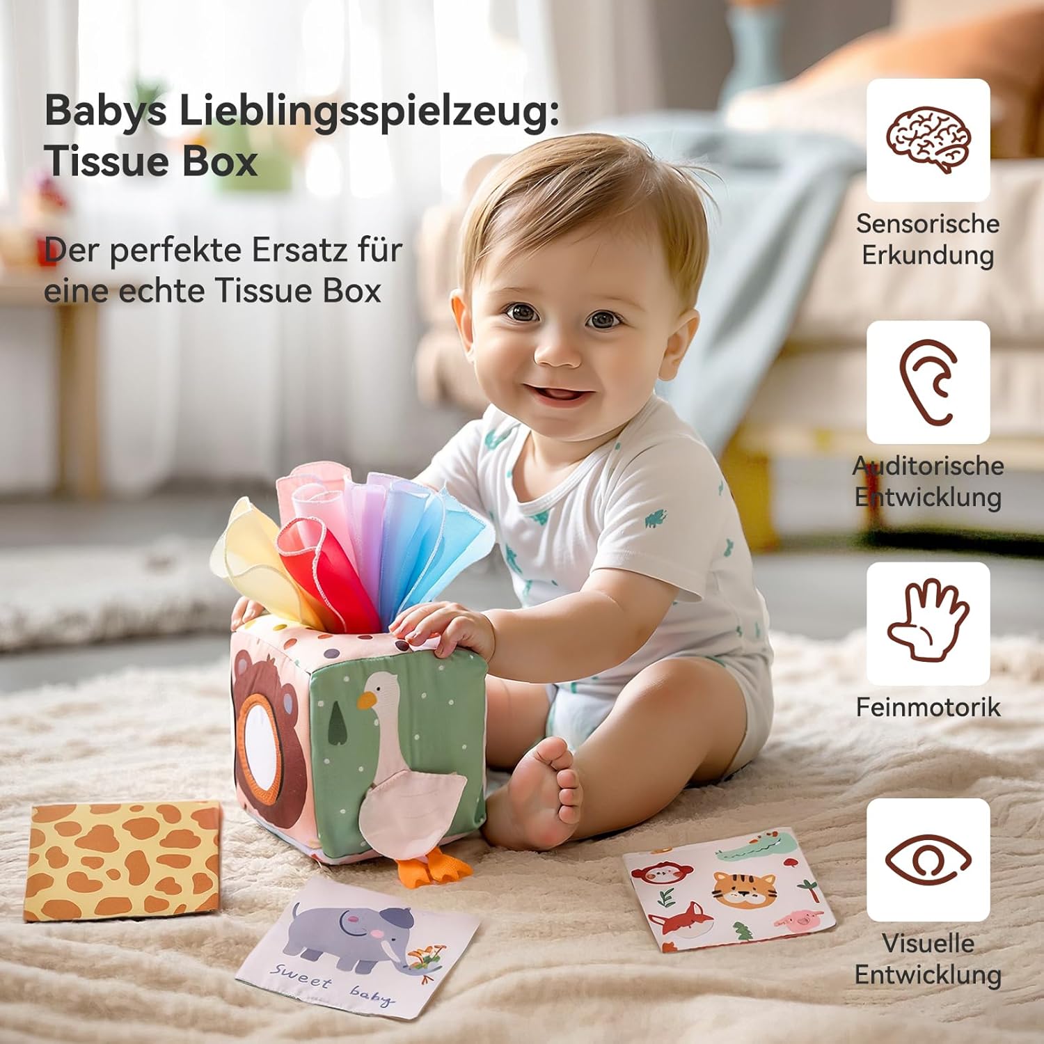 Detalle de Montessori Spielzeug Baby Tücherbox – sensorik & Frühlernen ab 6 Monaten