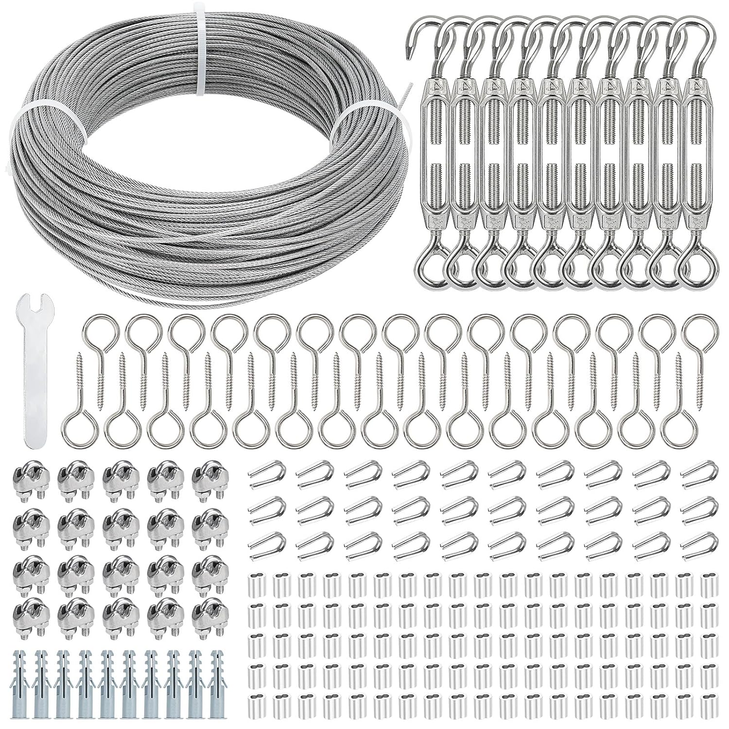 Detalle de TooTaci 2mm Wire Rope Kit (100m) with M4 turnbuckles, rope clamps and vine eyes for outdoor trellis and string lights
