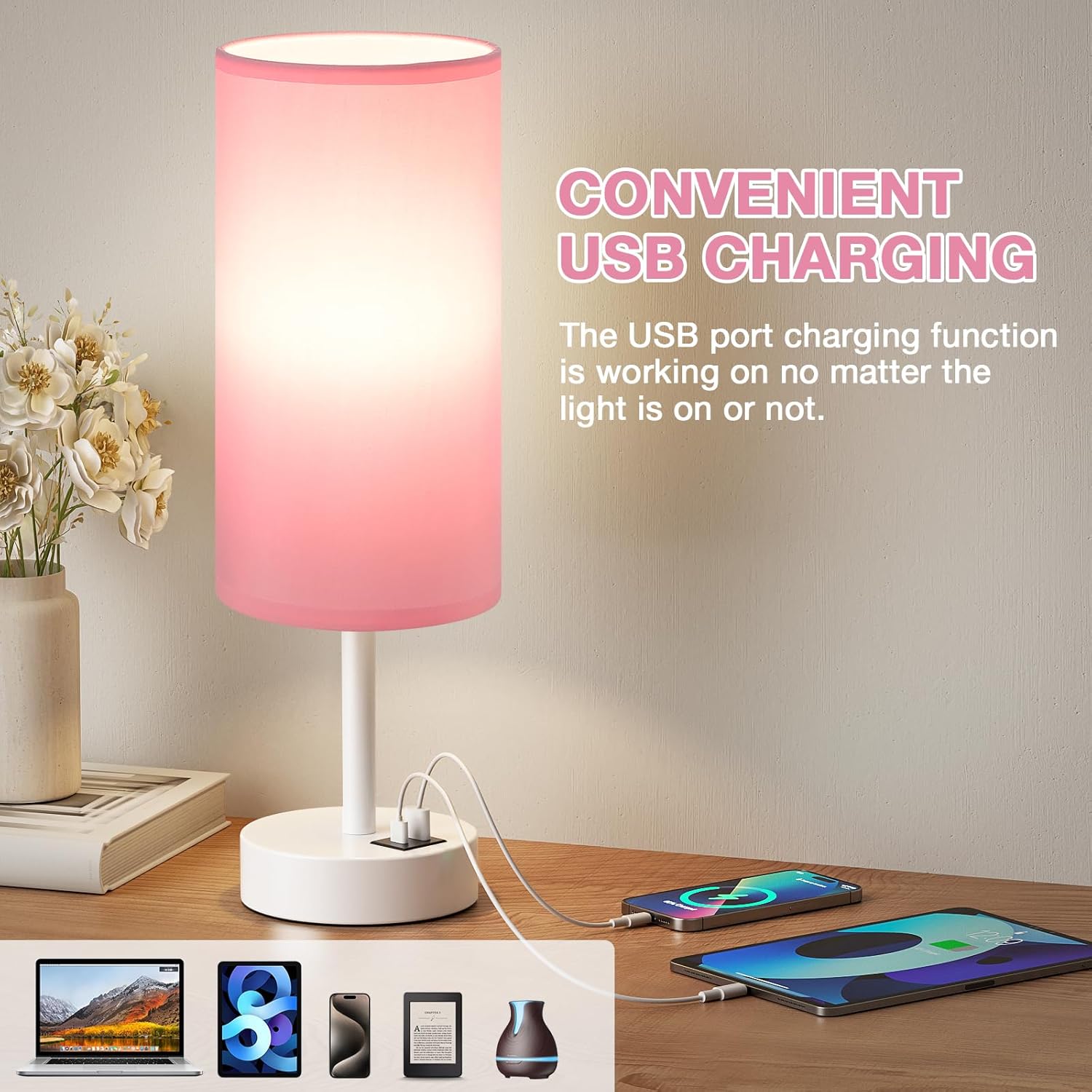 Detalle 2 de Aooshine Pink Bedside Lamps with Touch Control and USB-C + USB-A Charging Ports (White Base, Bulb Included)
