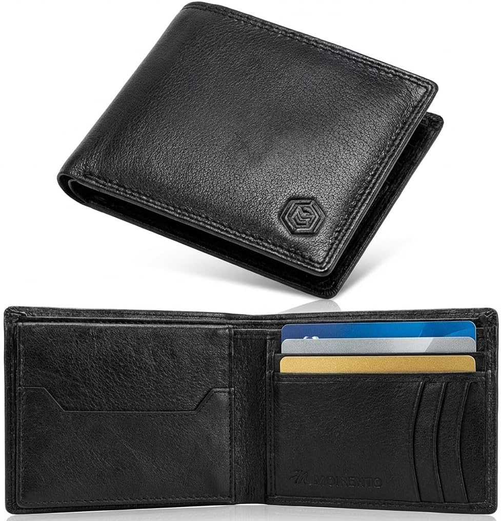 Detalle de MOIRENTO Mens Black Leather Passcase Wallet - RFID Blocking Card Holder with Flip-Up ID Window
