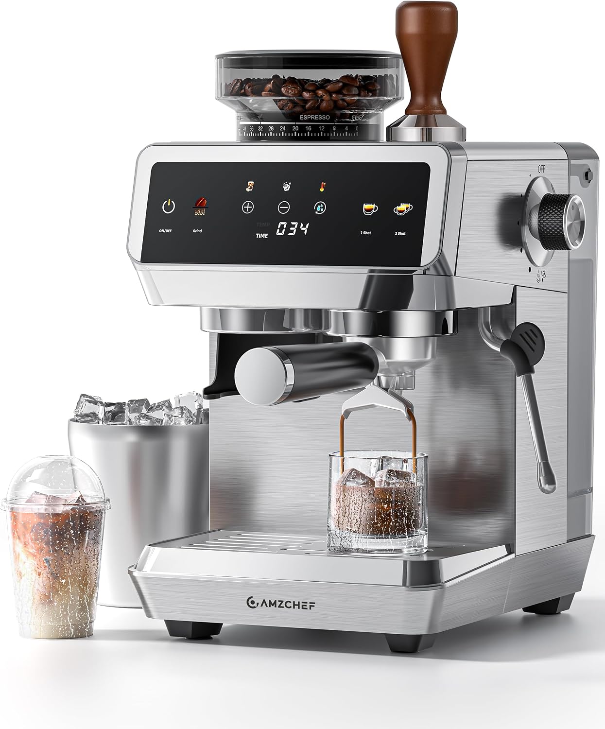 Detalle de AMZCHEF CM1626 Espresso Machine with Grinder, 44 Settings, Touchscreen