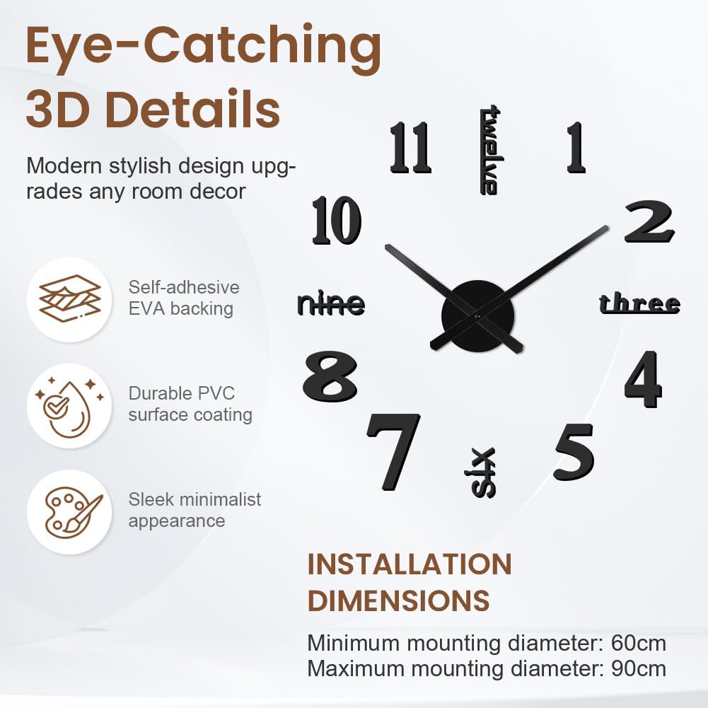 Detalle de Aolso 3d Diy -Black Frameless 3D Wall Clock with Silent Movement