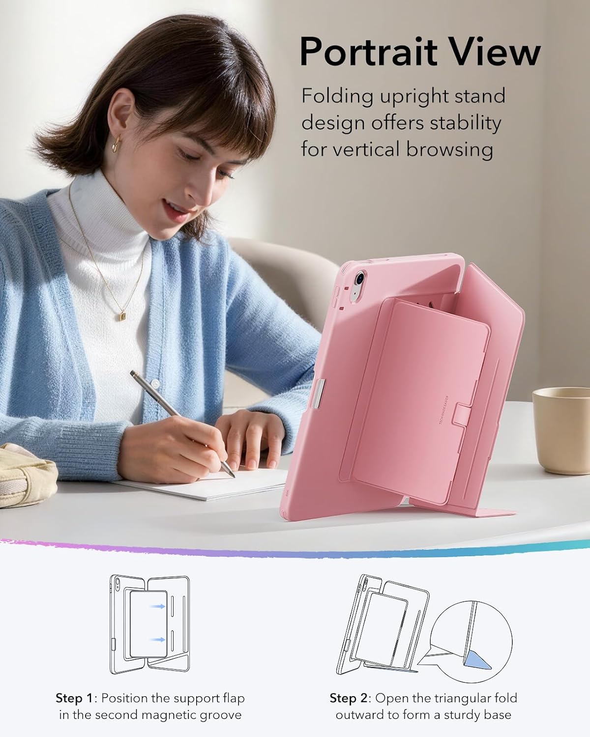 Thumbnail 5 de ESR Coque pour iPad 11e génération / iPad 10e génération (série Flip) avec support vertical et porte-stylet, coloris rose