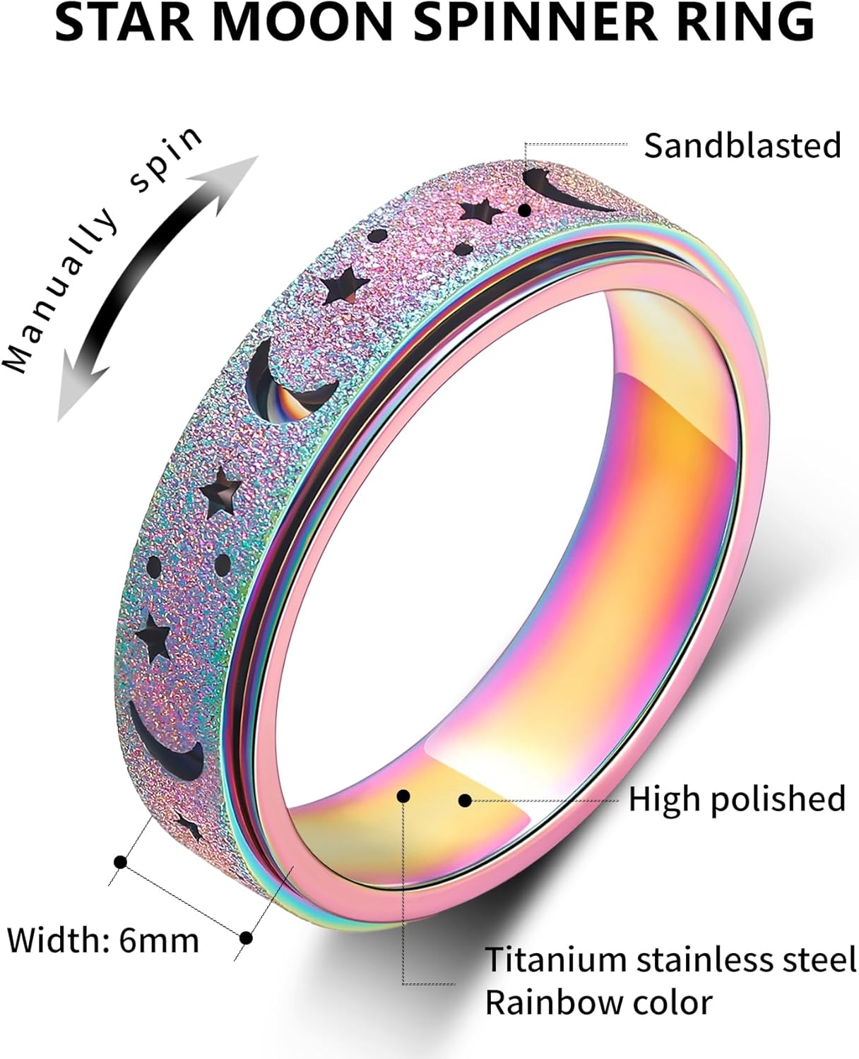 Detalle 2 de LuckyAmor Anxiety Spinner Ring for Women (Moon & Stars) – Rotating Stainless Steel Band Jewelry