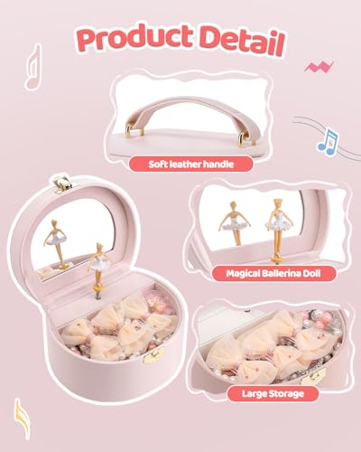 Detalle de VLANDO Caja de música joyero para niñas con bailarina: organizador portátil con espejo y candado