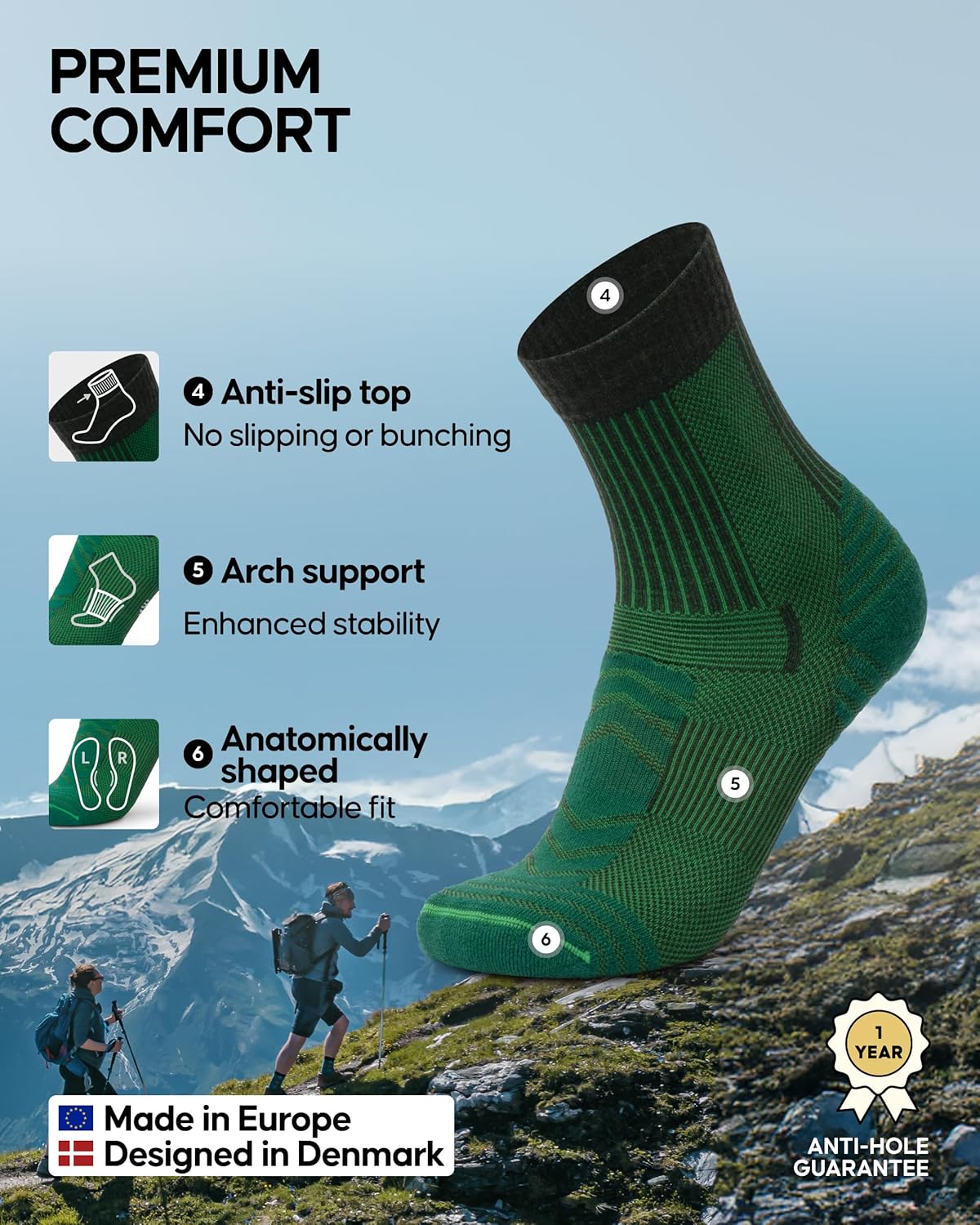Thumbnail 2 de DANISH ENDURANCE Hiking Socks: Lightweight Merino Wool with Anti-Blister Cushioning (Unisex, 3 or 5 Pack)