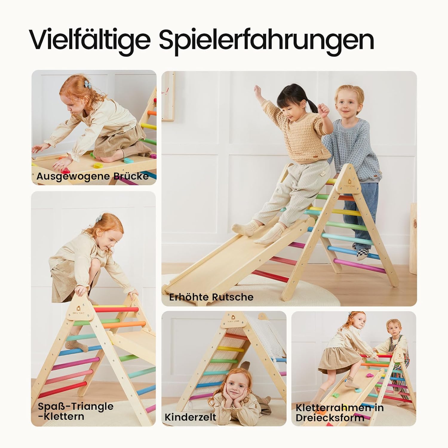 Thumbnail 3 de Tiny Land 2-in-1 Kletterdreieck (Regenbogenfarben) – Montessori-Klettergerüst für drinnen und draußen