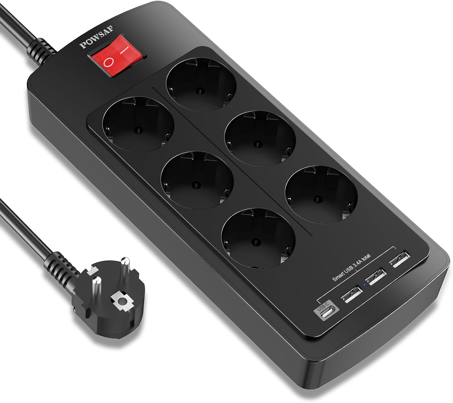 Detalle de POWSAF Regleta 10‑in‑1 con USB‑C