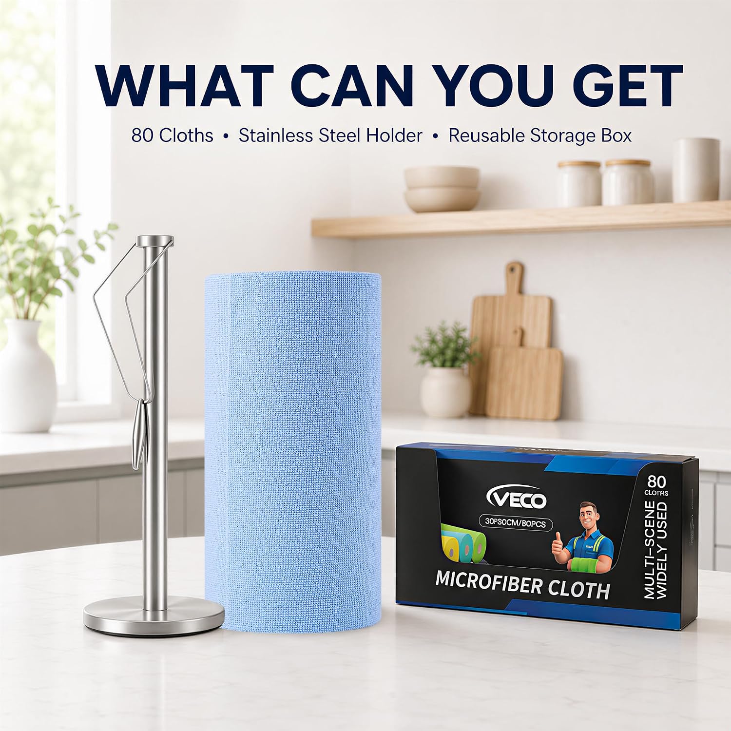 Detalle de Veco 80pc-ST-Blue Microfiber Cloth Roll, 80 Count, 12" x 12" with Holder