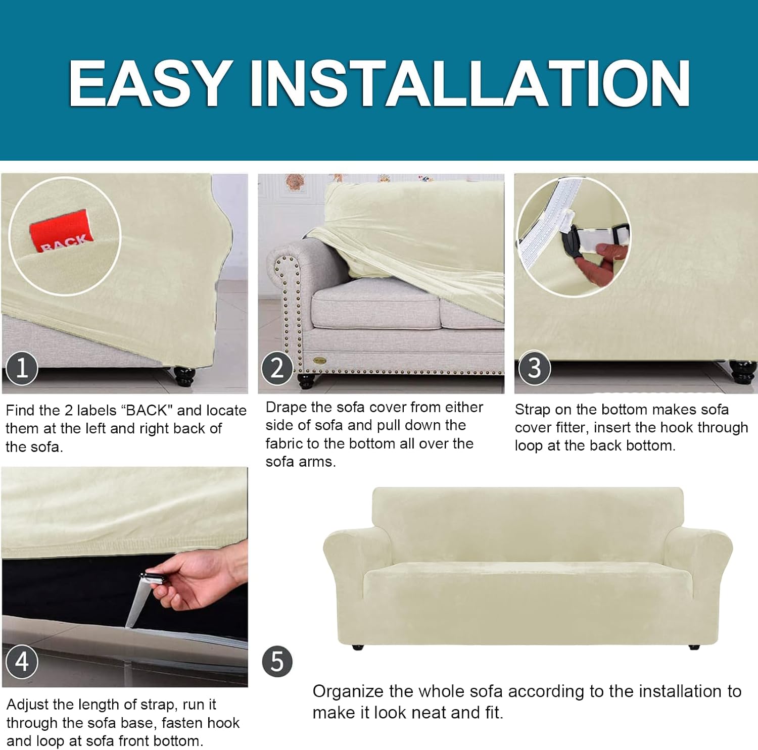 Thumbnail 6 de YSTELLAA Housse de canapé en velours 2 places universelle beige avec accoudoirs