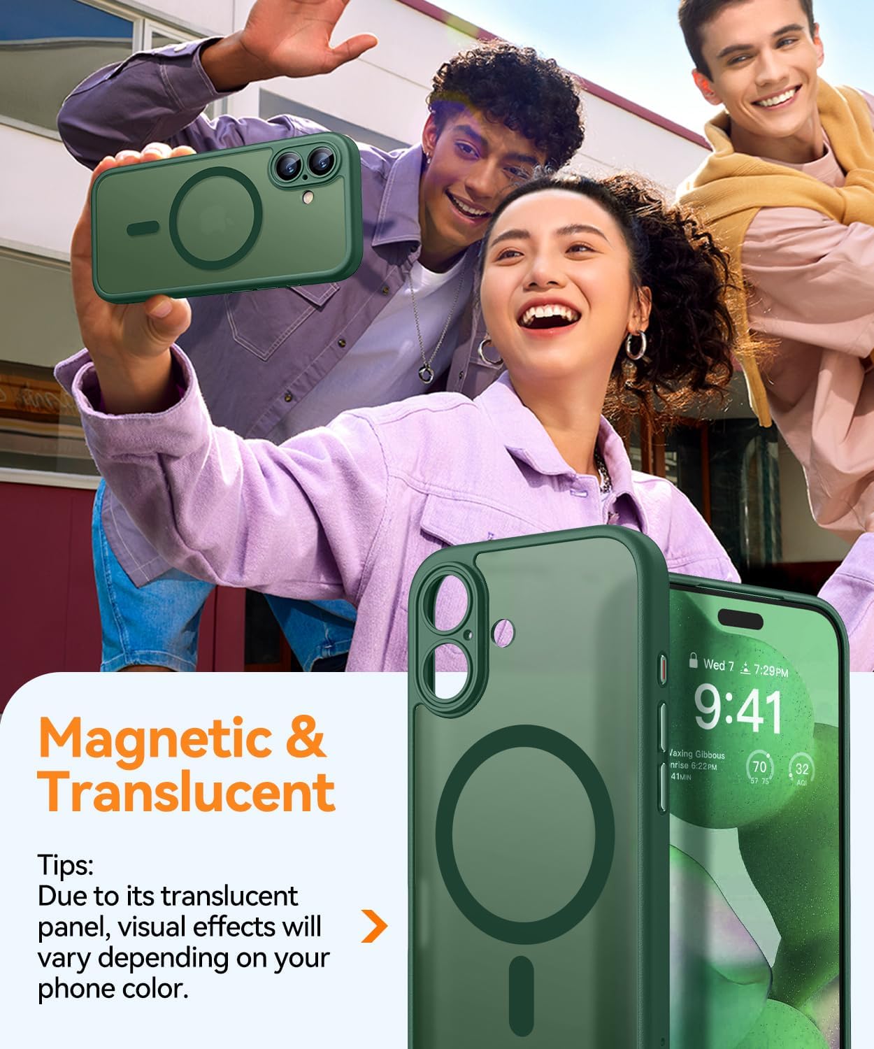 Detalle 2 de CANSHN Magnetic iPhone 17 Case (6.3") with full camera protection, MagSafe compatible, translucent matte – Deep Green