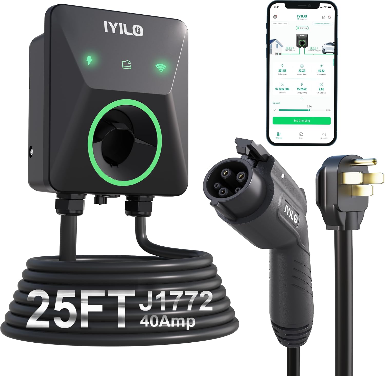 Detalle de IYILO Level 2 EV Charger (40A/9.6kW) J1772 with Wi‑Fi, RFID & Dual Temp Sensors, NEMA 14-50P, ETL & Energy Star