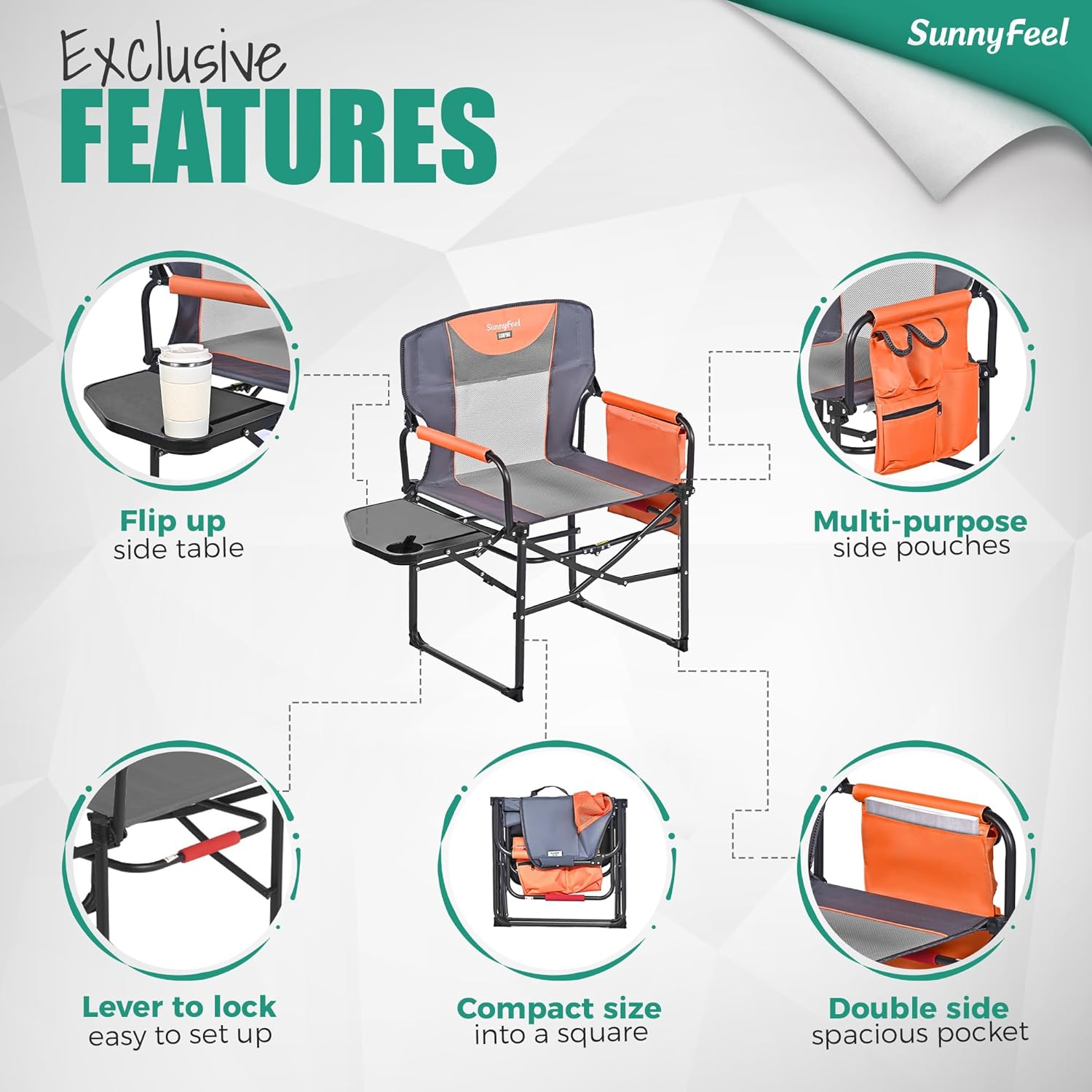 Detalle 2 de SUNNYFEEL AC3008F Oversized Camping Director’s Chair with Side Table