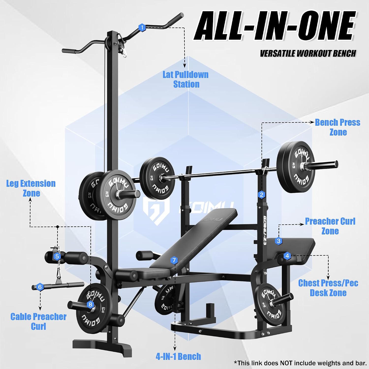 Detalle 2 de Goimu Z3 Olympic Weight Bench Set, 9-in-1 with Leg Extension and LAT Pulldown