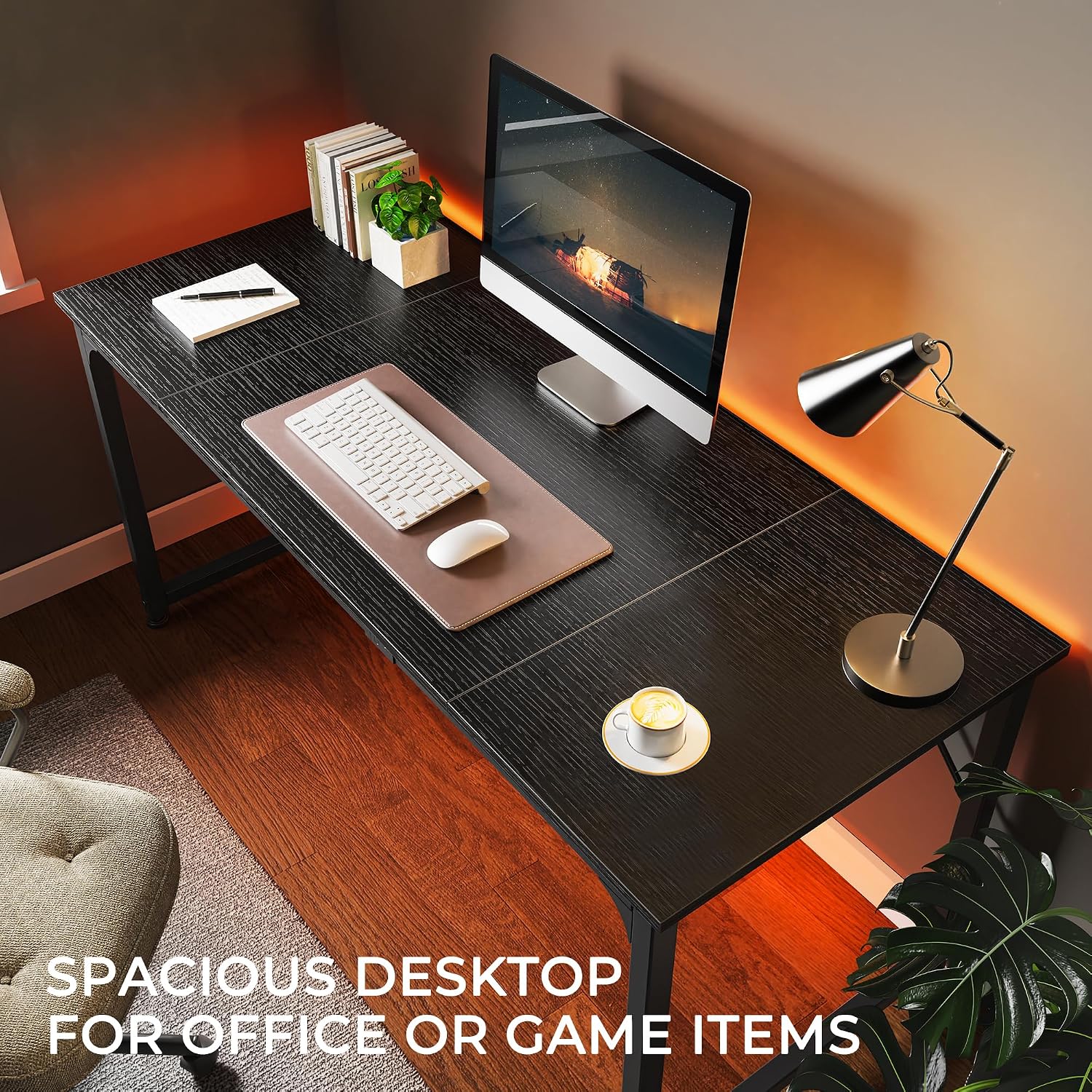 Detalle de Huuger 63-Inch Modern Desk, Black Metal Frame for Gaming and Writing